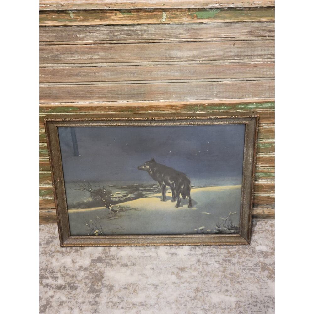 Vintage Lone Wolf Print Alfred Kowalski Framed Lithograph 17-5/8" x 13-3/4 Print